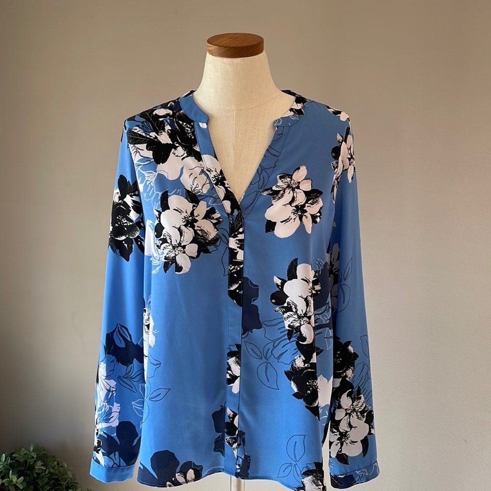 Blue Floral V-Neck Women's Blouse